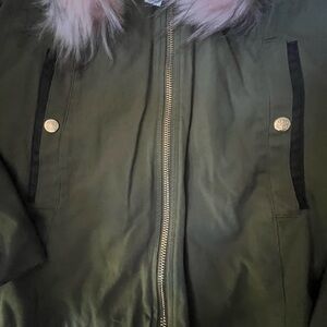 Gianni Bini Olive Jacket with Pink Fur Accents